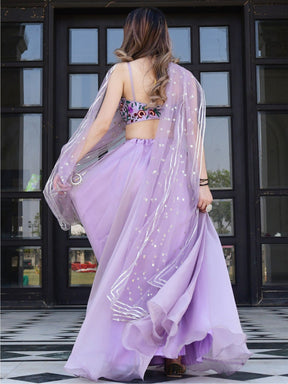 Lilac Embroidered Organza Lehenga Set