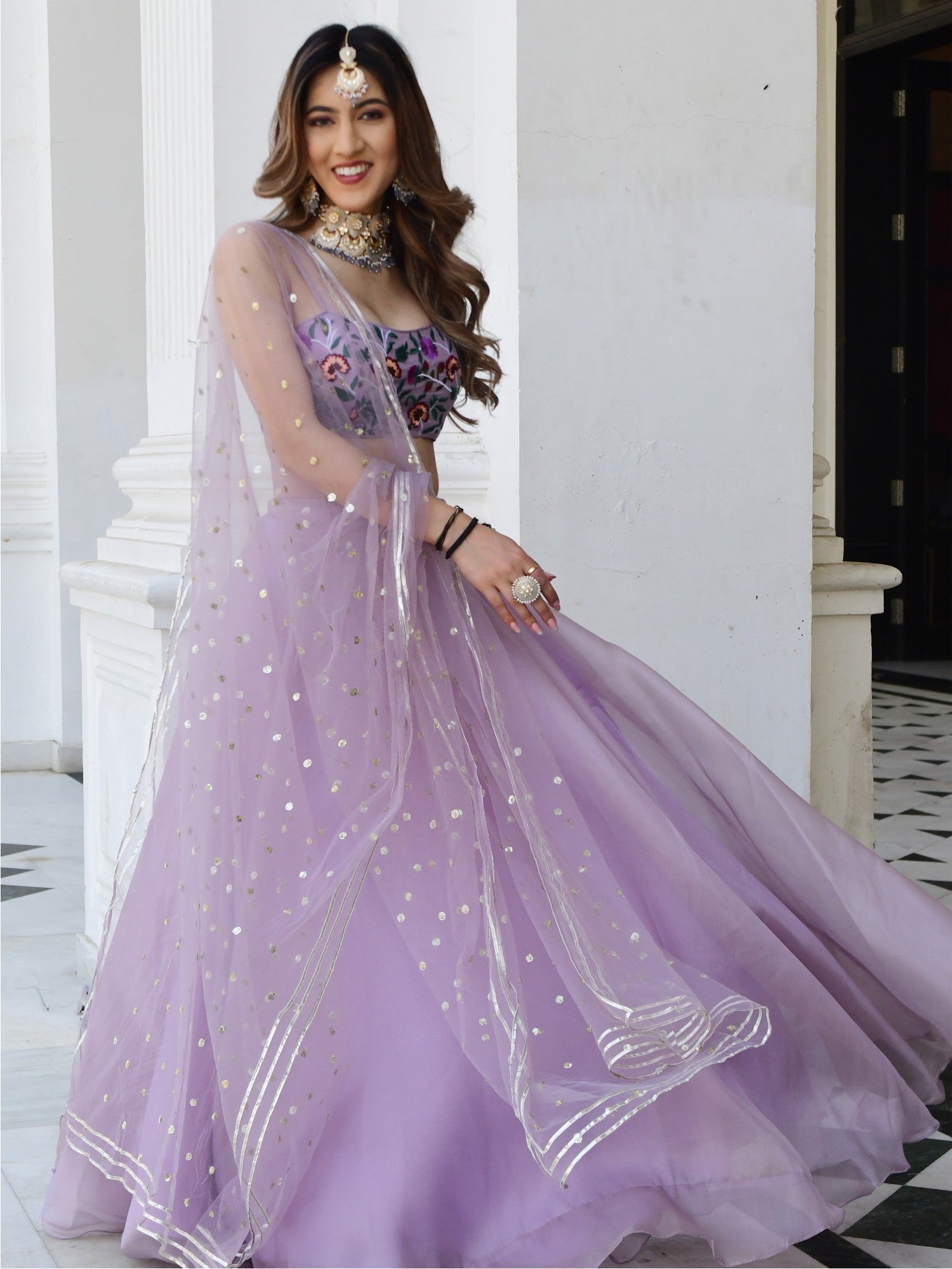 Lilac Embroidered Organza Lehenga Set