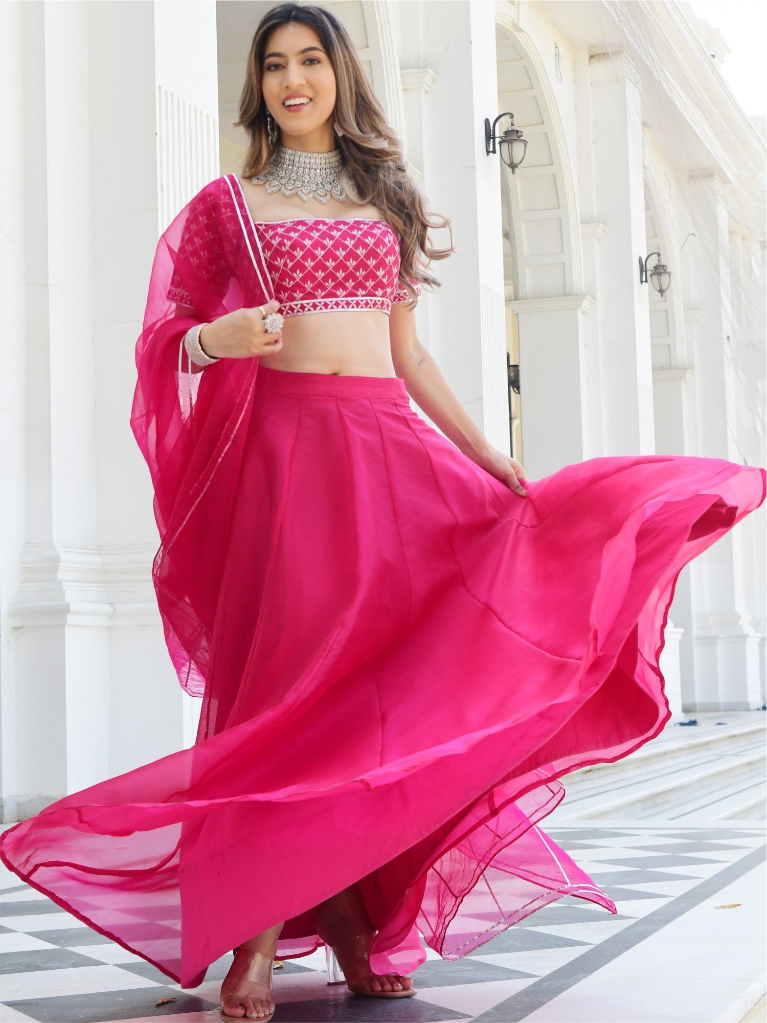 Pink Embroidered Organza Lehenga Set