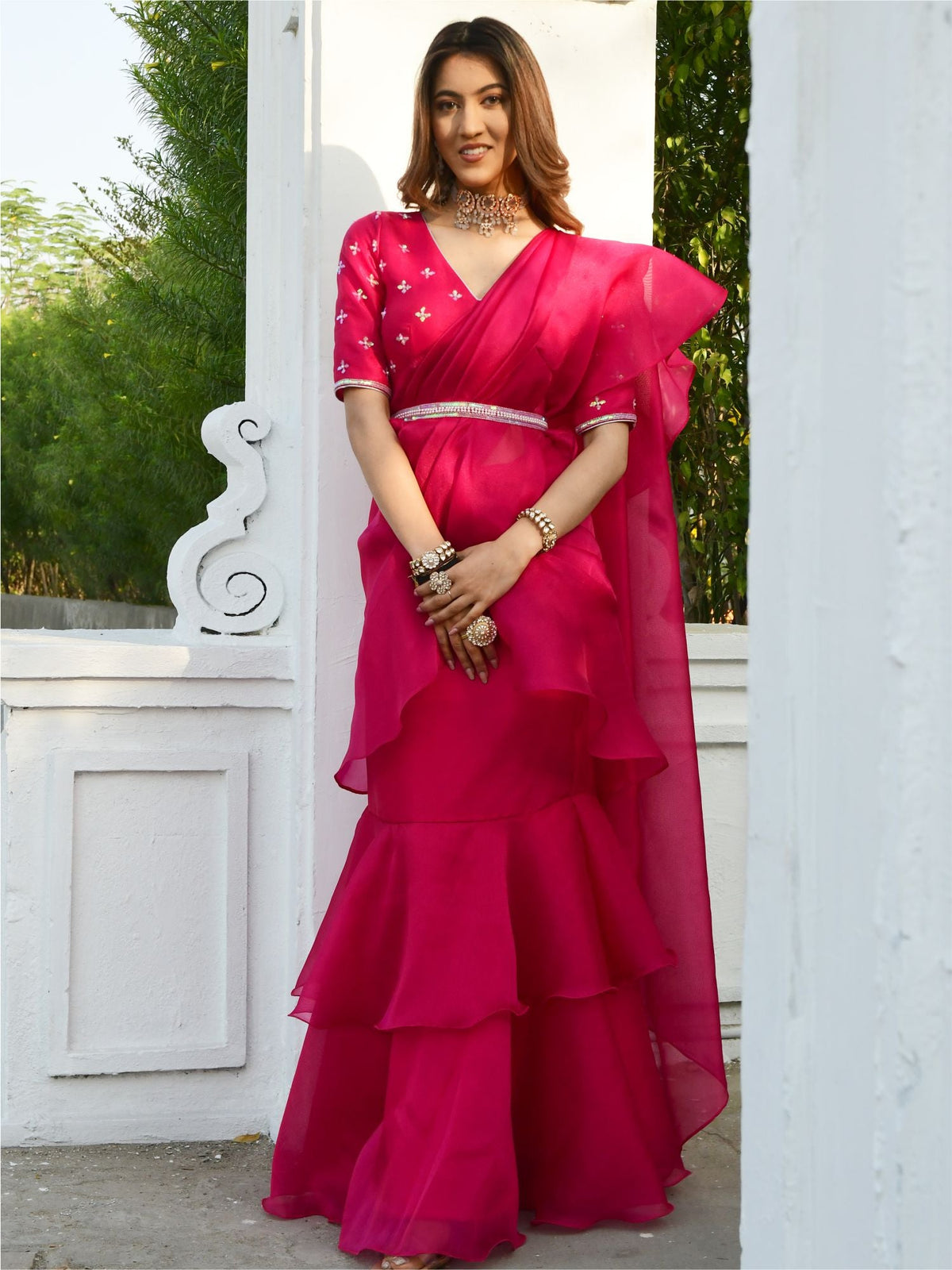 Pink Organza Ruffle Saree