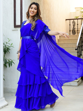 Royal Blue Georgette Ruffle Saree