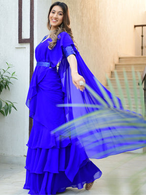 Royal Blue Georgette Ruffle Saree