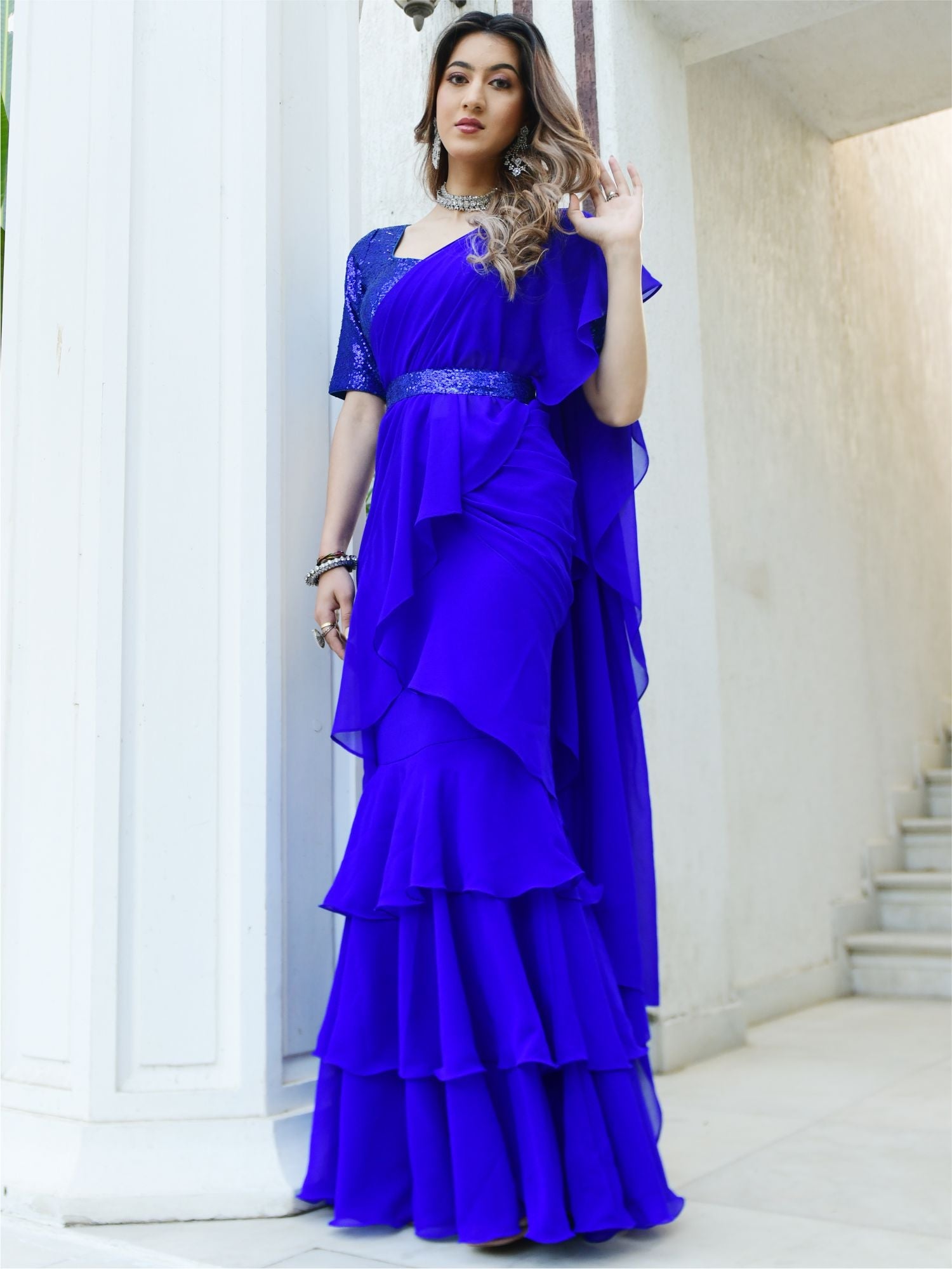 Royal Blue Georgette Ruffle Saree