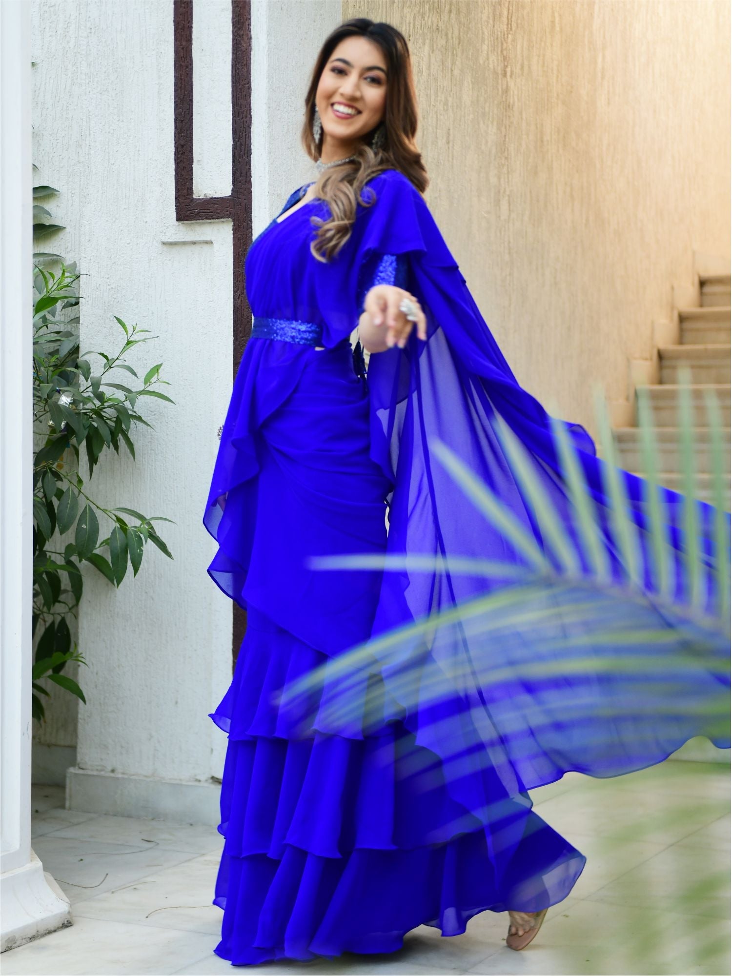 Royal Blue Georgette Ruffle Saree