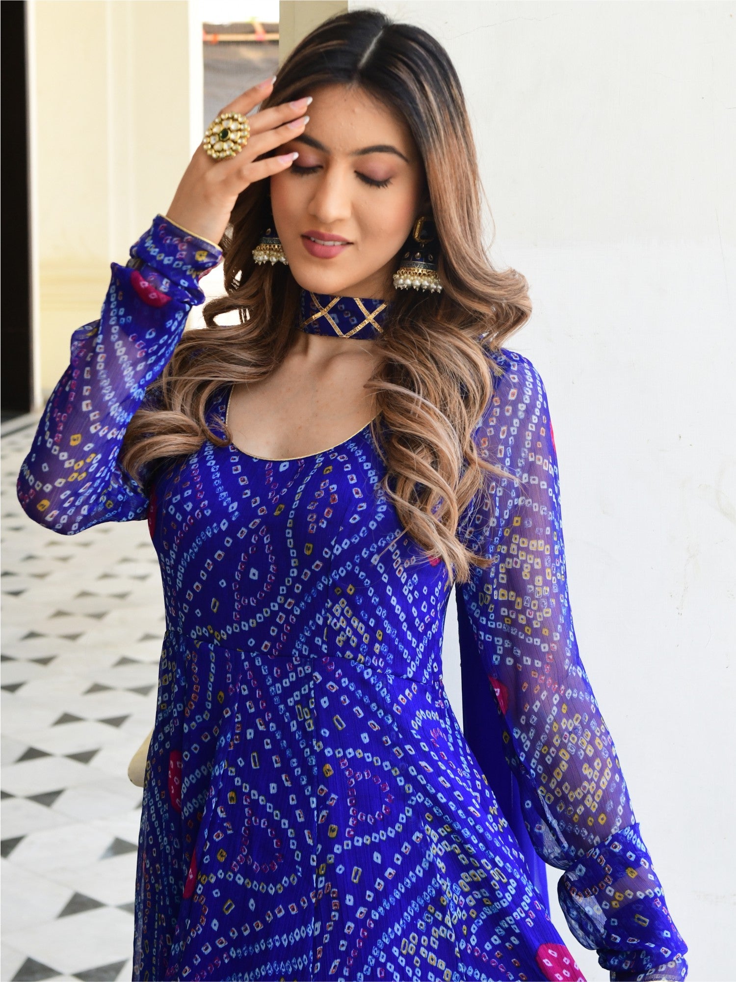 Blue Bandhni Print Anarkali Set