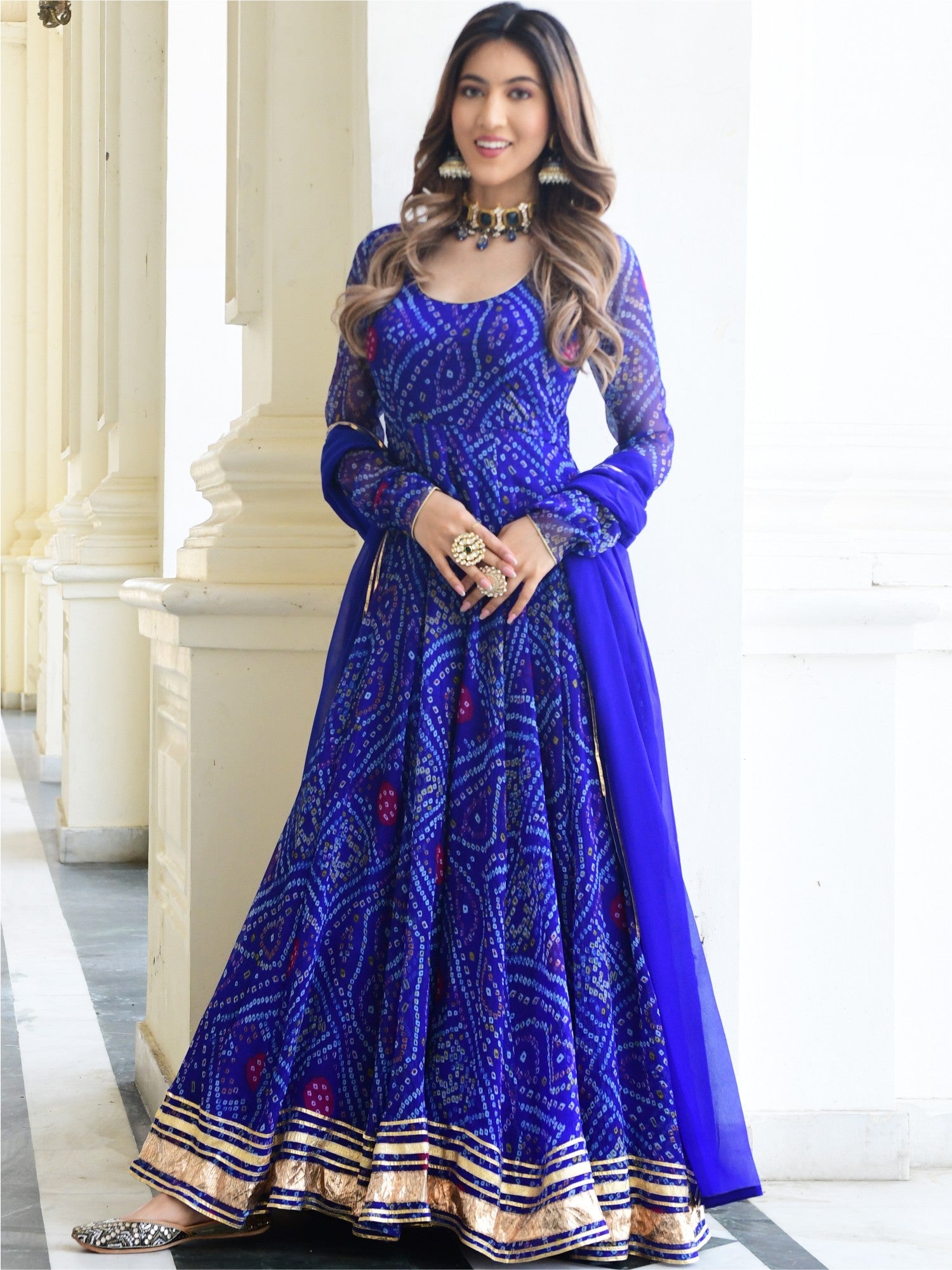 Blue Bandhni Print Anarkali Set