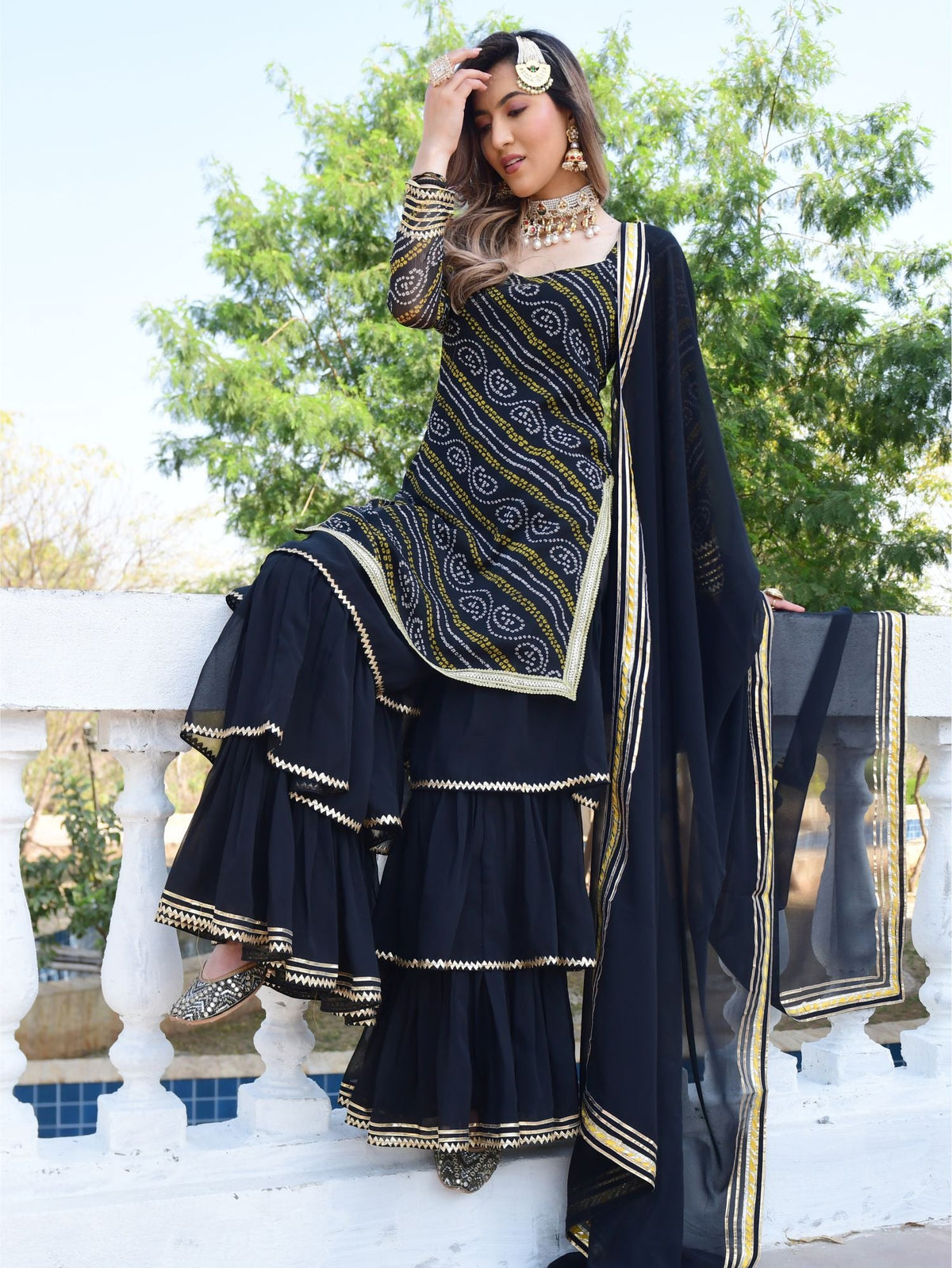 Black bandhni Print Kurta And Sharara Set