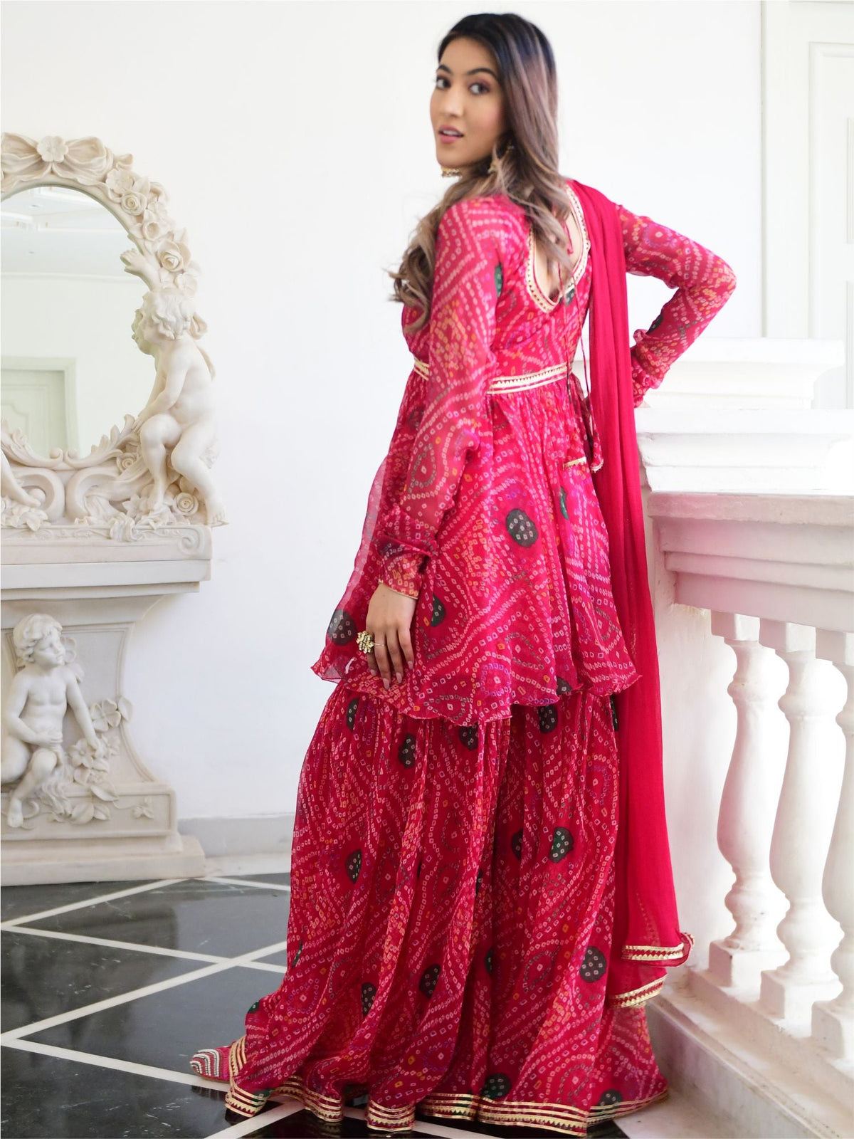 Pink Bandhni Print Kurta And Sharara Set