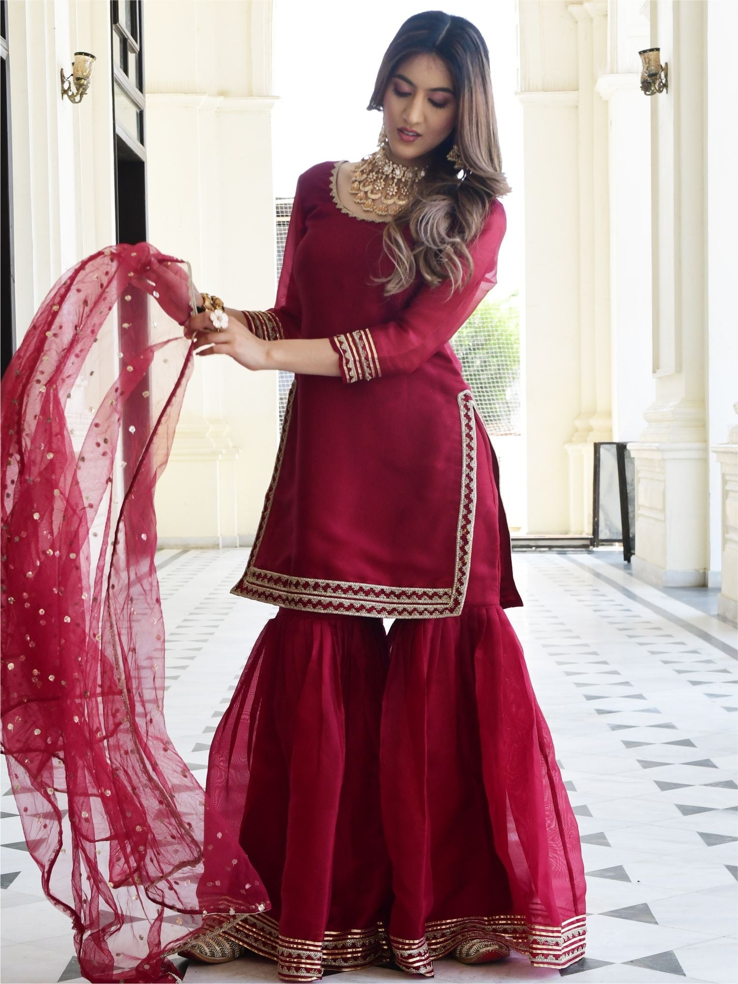 Maroon Organza Kurta And Sharara Set