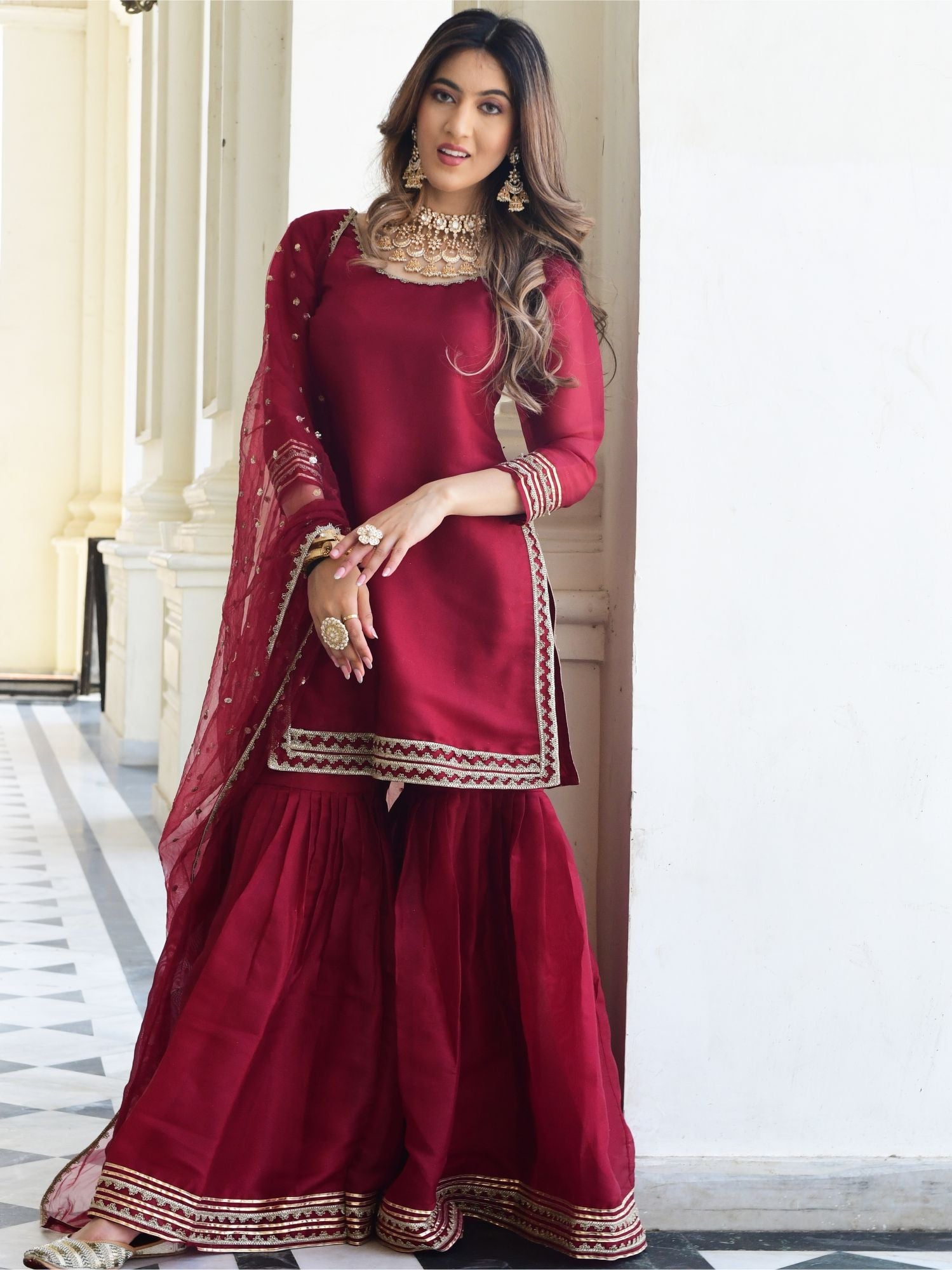 Maroon Organza Kurta And Sharara Set