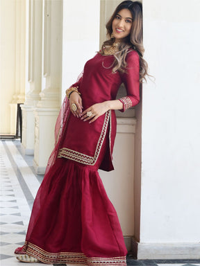 Maroon Organza Kurta And Sharara Set