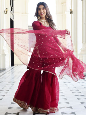 Maroon Organza Kurta And Sharara Set