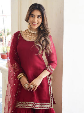 Maroon Organza Kurta And Sharara Set