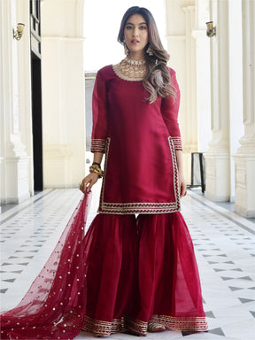 Maroon Organza Kurta And Sharara Set