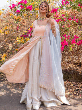 Peach and Grey Anarkali Skirt Set