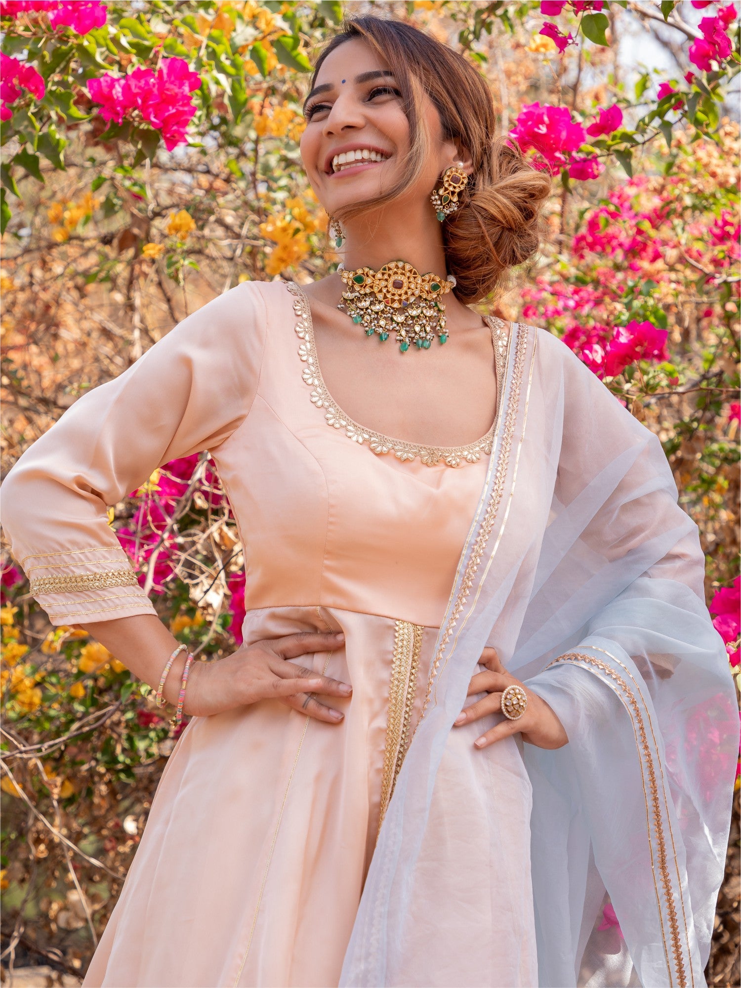 Peach and Grey Anarkali Skirt Set