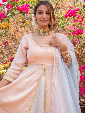 Peach and Grey Anarkali Skirt Set