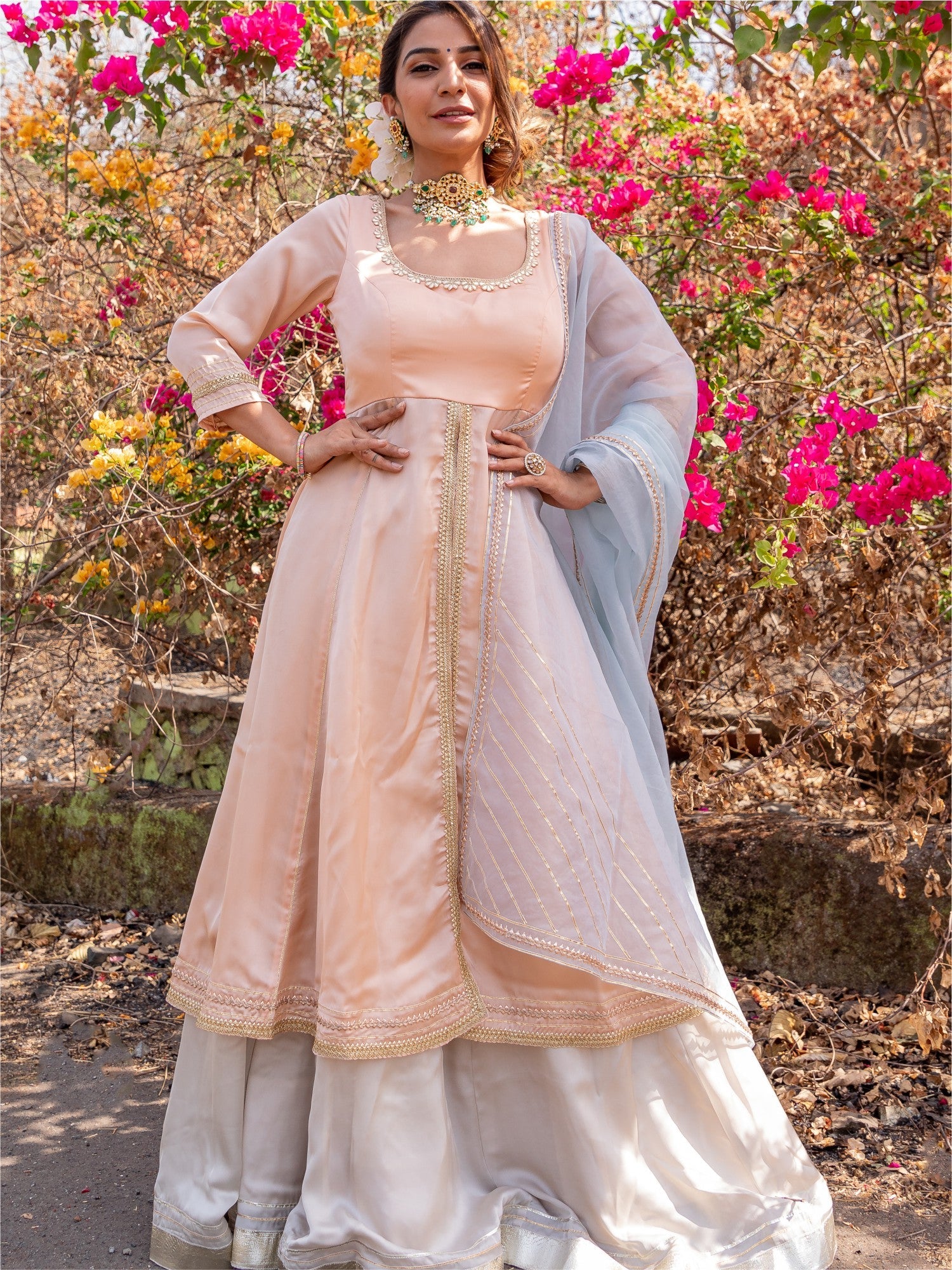 Peach and Grey Anarkali Skirt Set