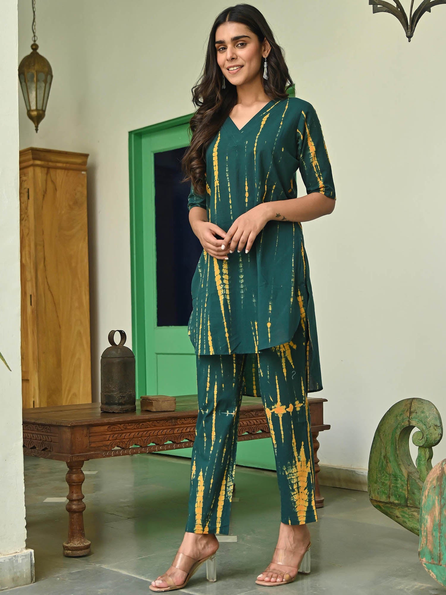 Dark Green Shibori Kurta Set