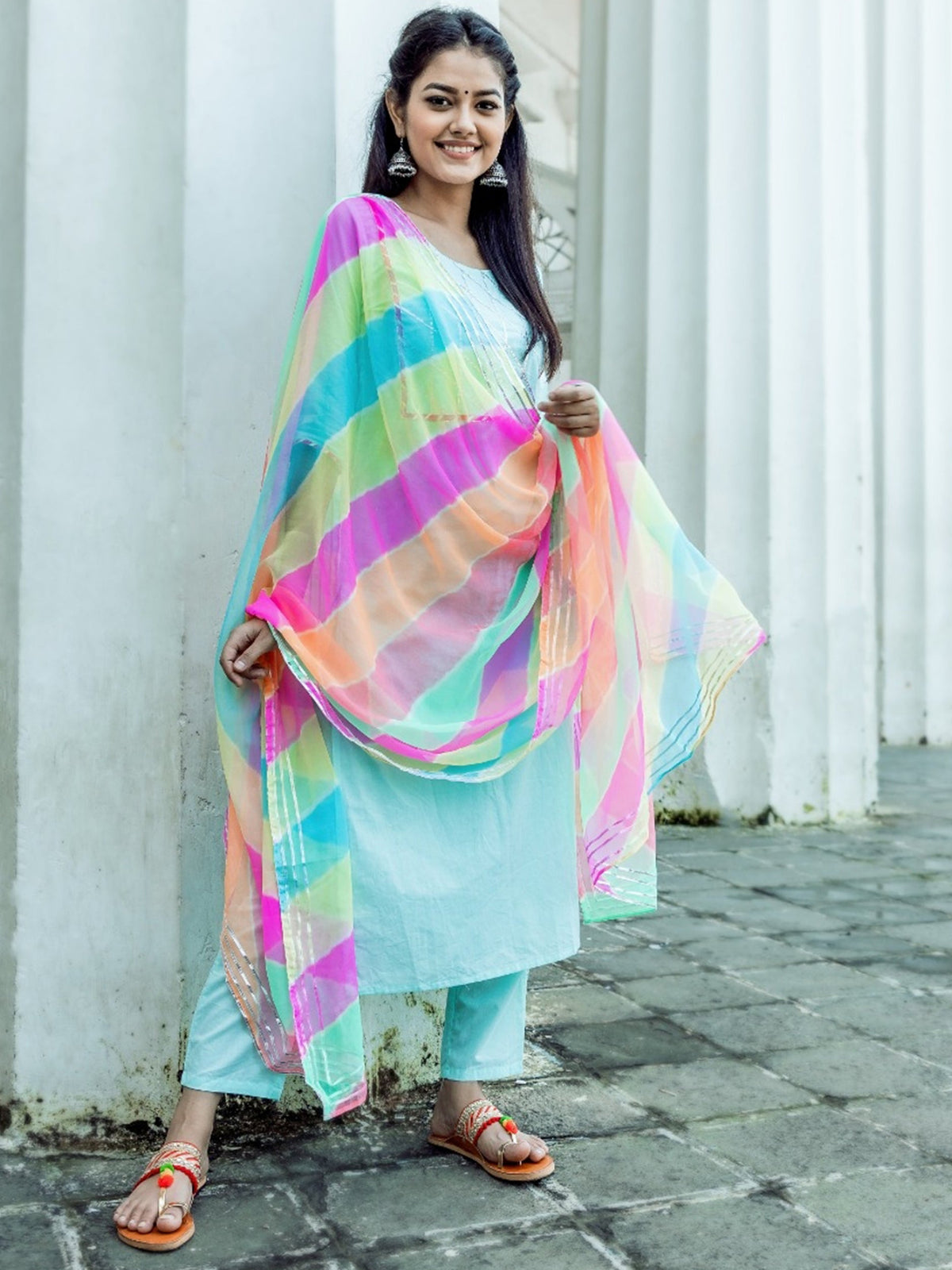 Solid Blue Multicolour Dupatta Set