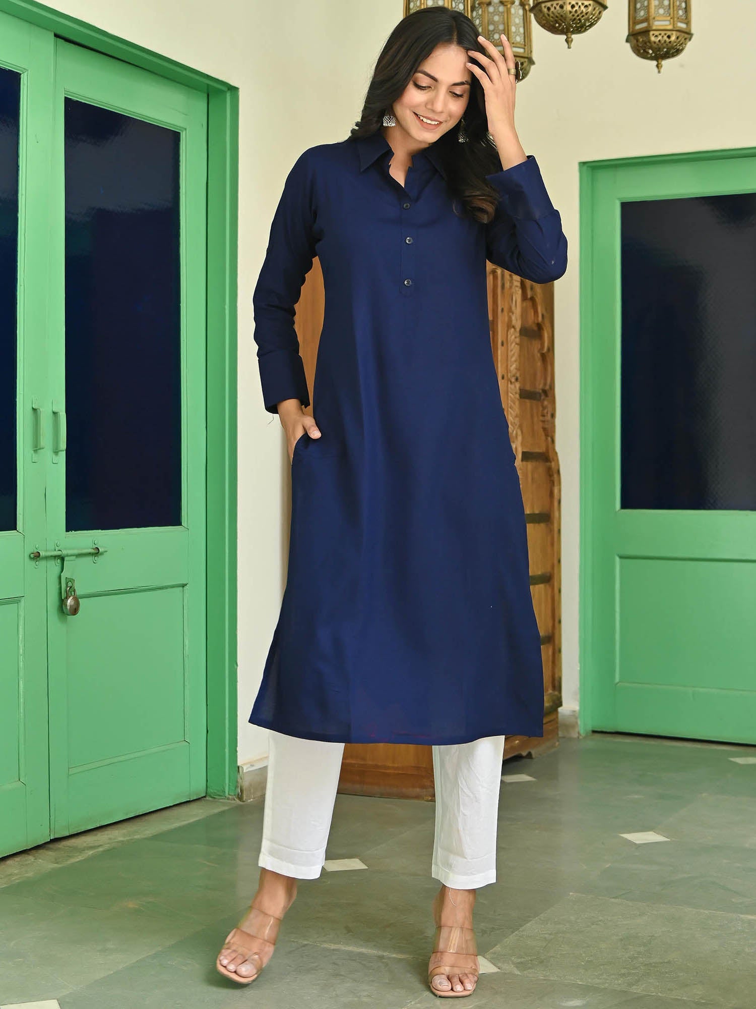 Blue Rayon Solid Kurta With White Pants