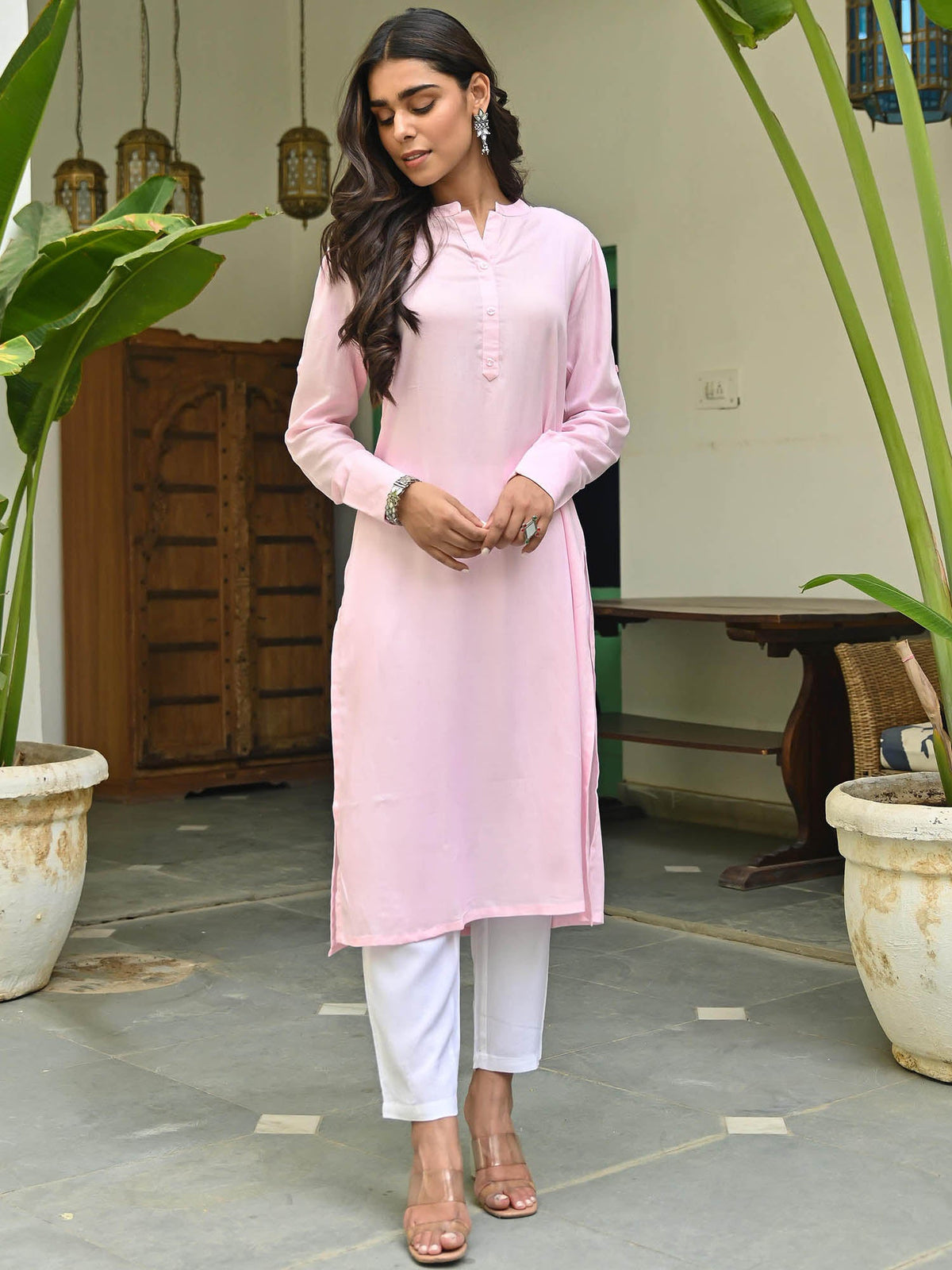 Pink Rayon Kurta With White Pants