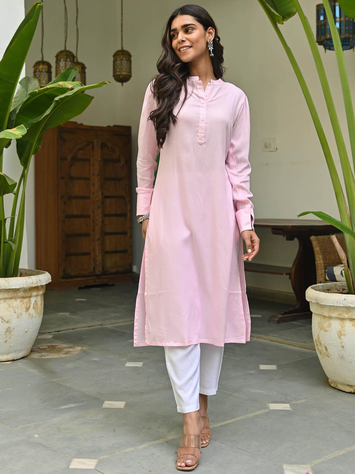 Pink Rayon Kurta With White Pants