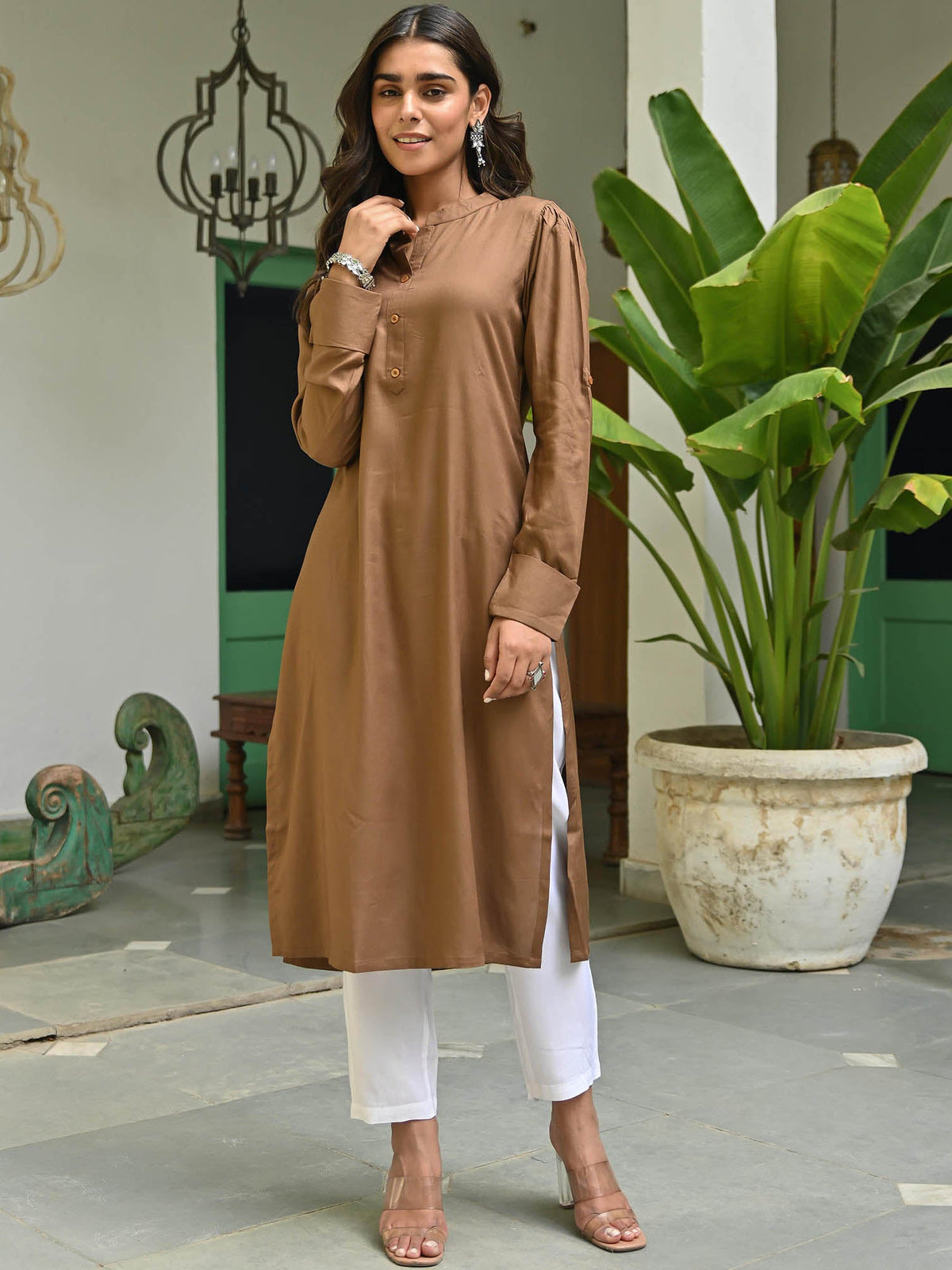 Brown Rayon Solid Kurta With White Pants