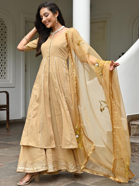 Brown Cotton Anarkali Dupatta Set