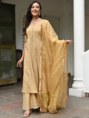 Brown Cotton Anarkali Dupatta Set