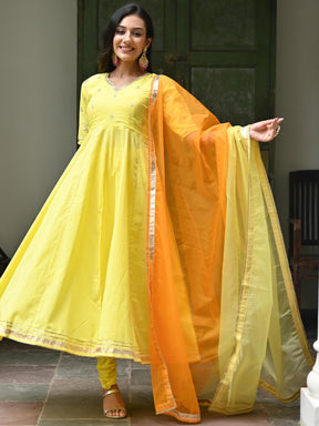 Yellow Embroidered Cotton Anarkali Set