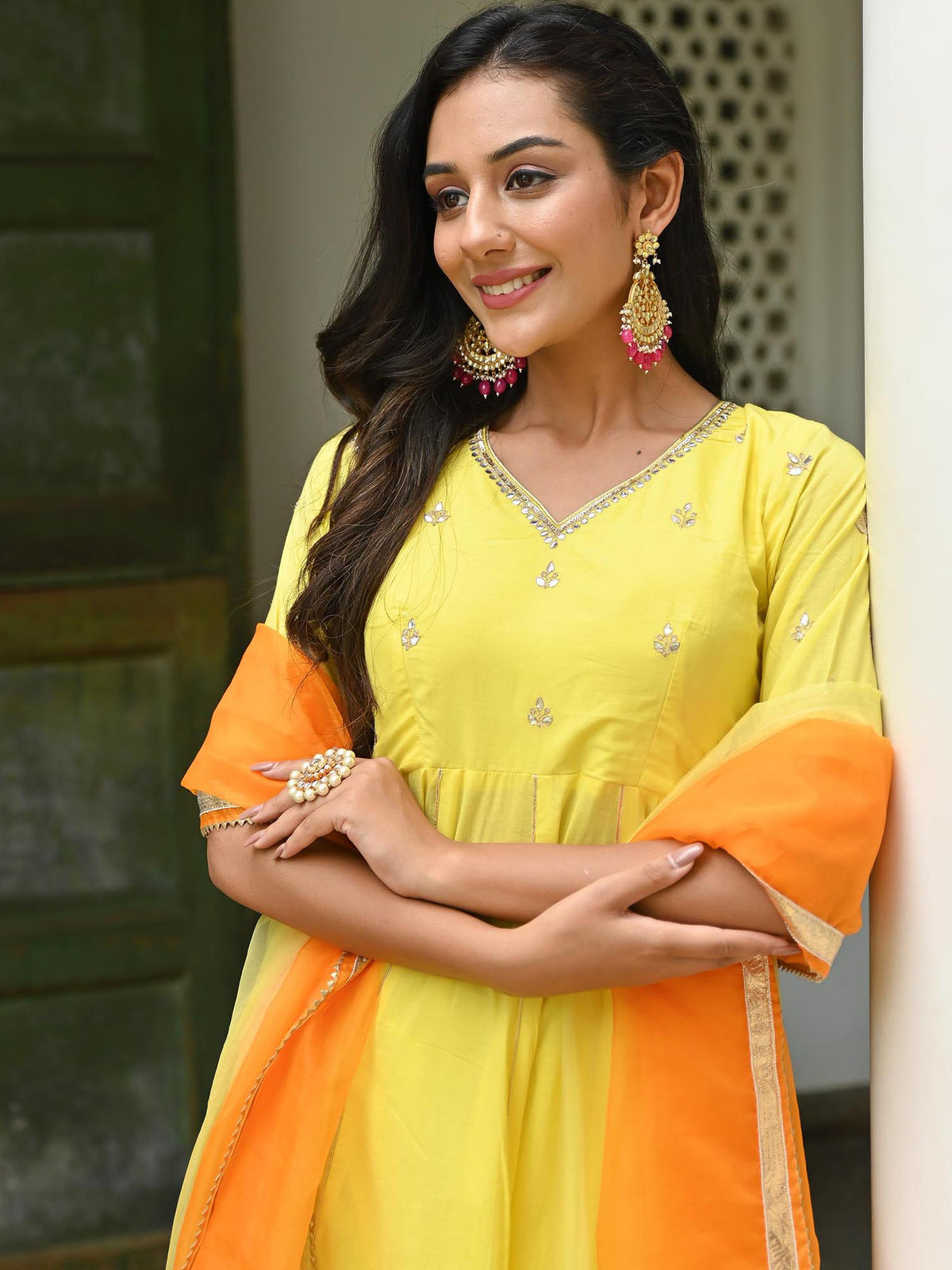 Yellow Embroidered Cotton Anarkali Set