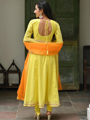 Yellow Embroidered Cotton Anarkali Set