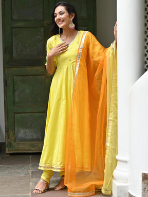 Yellow Embroidered Cotton Anarkali Set