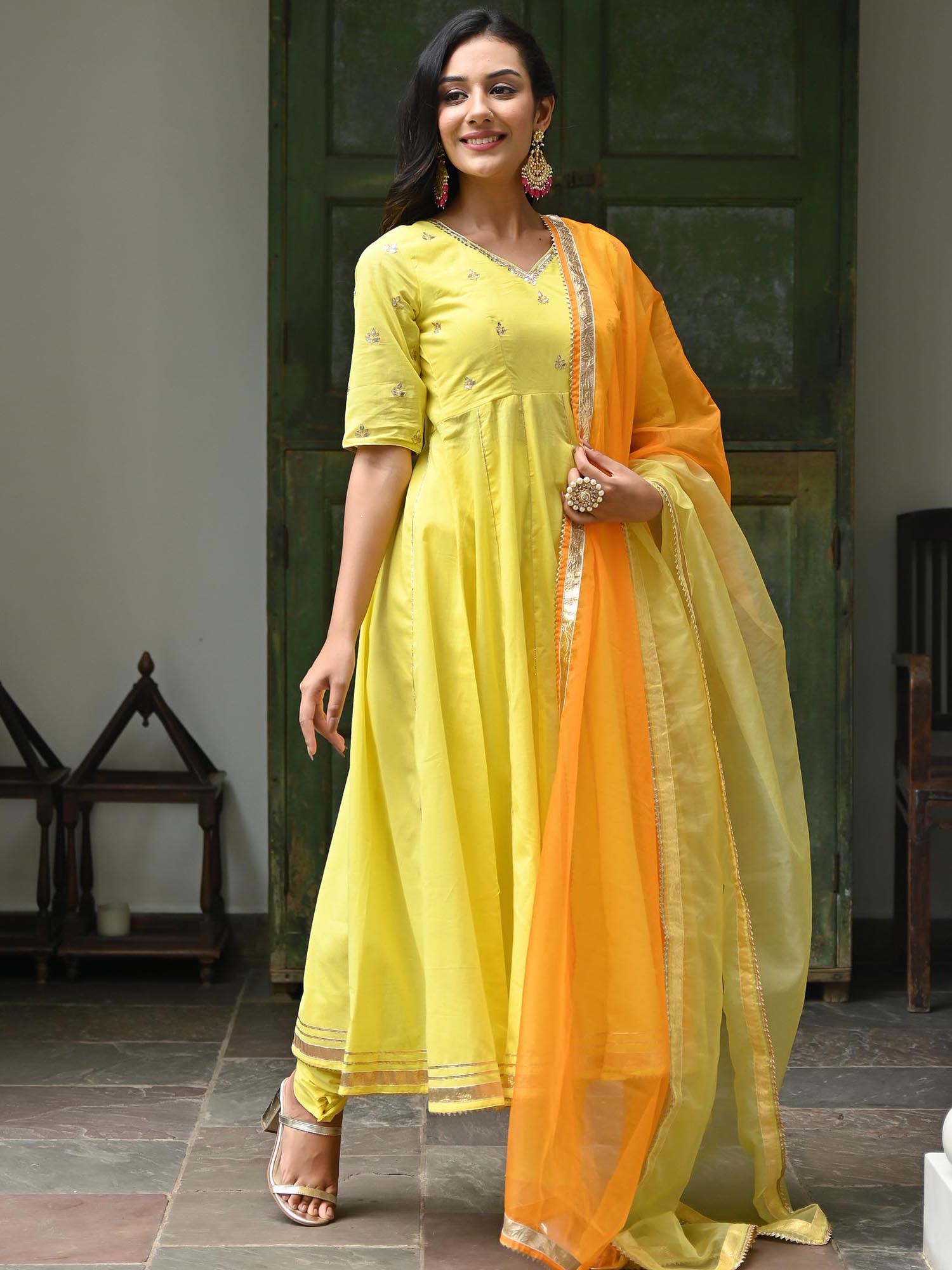 Yellow Embroidered Cotton Anarkali Set