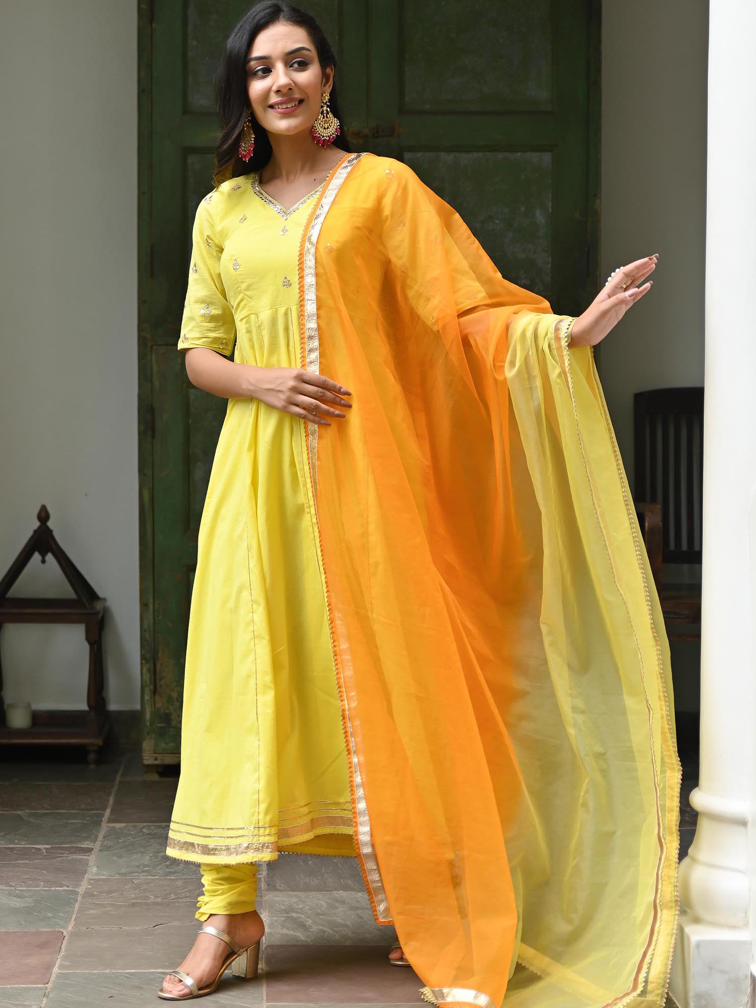 Yellow Embroidered Cotton Anarkali Set