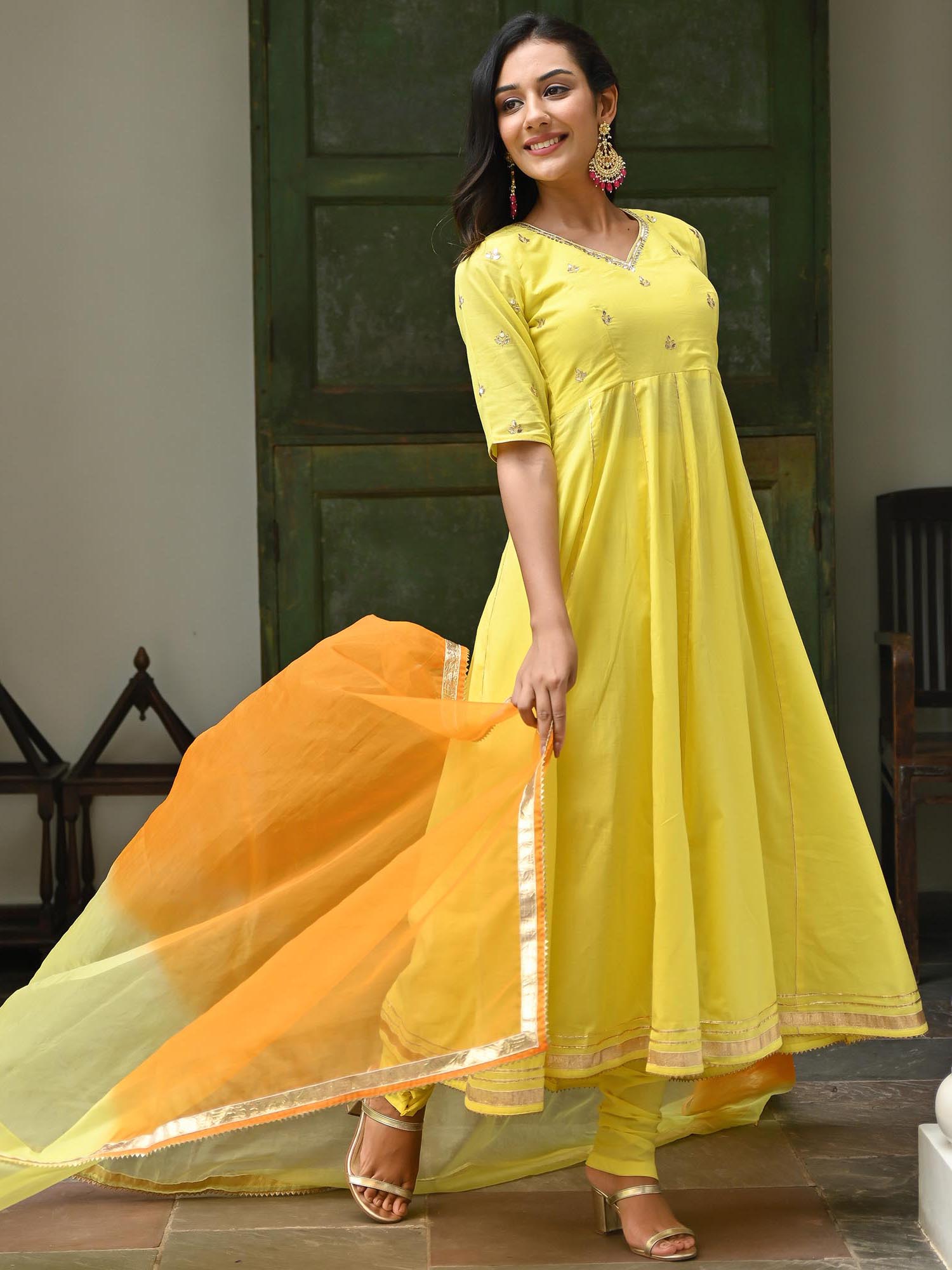 Yellow Embroidered Cotton Anarkali Set