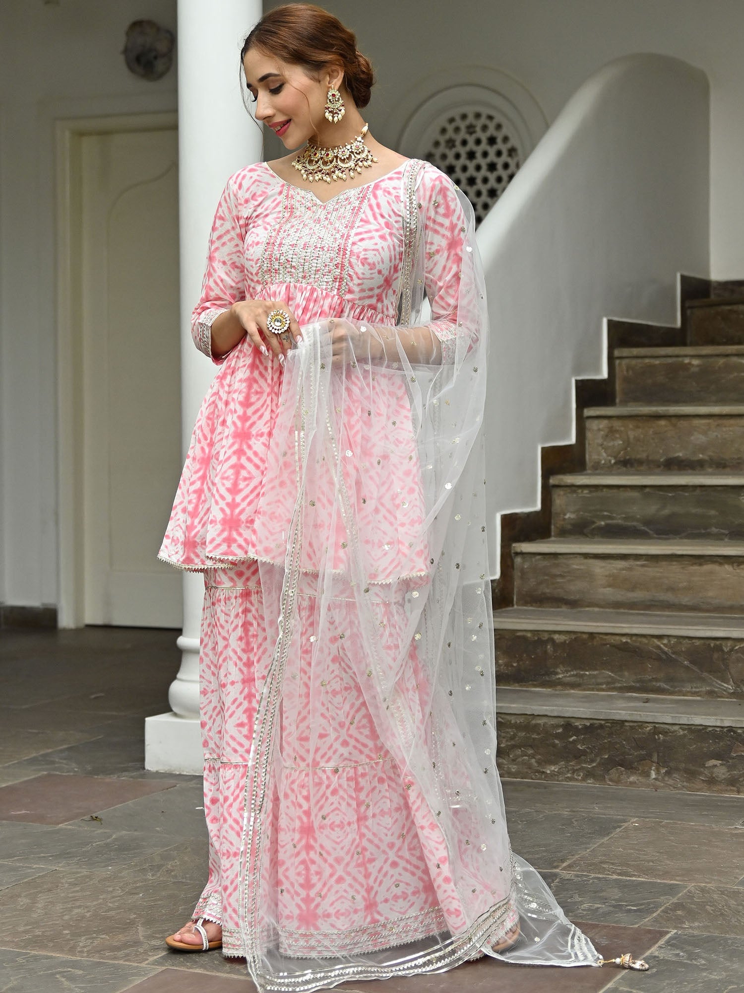 Pink Cotton Printed Sharara Set