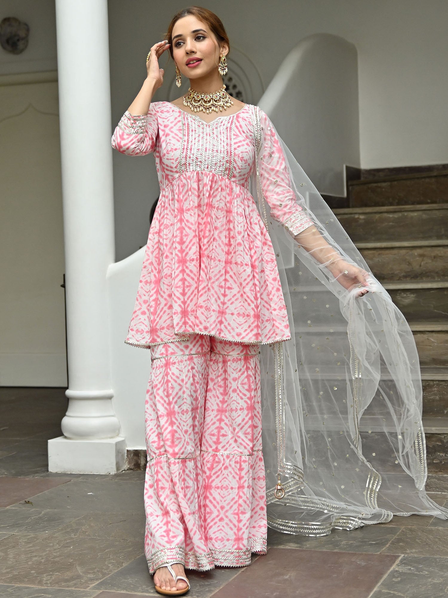 Pink Cotton Printed Sharara Set