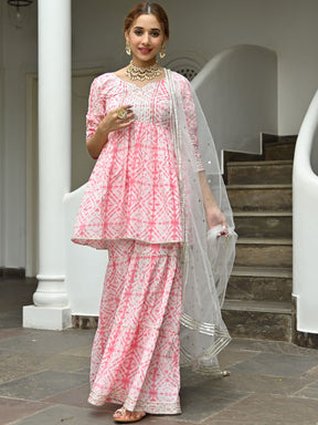 Pink Cotton Printed Sharara Set