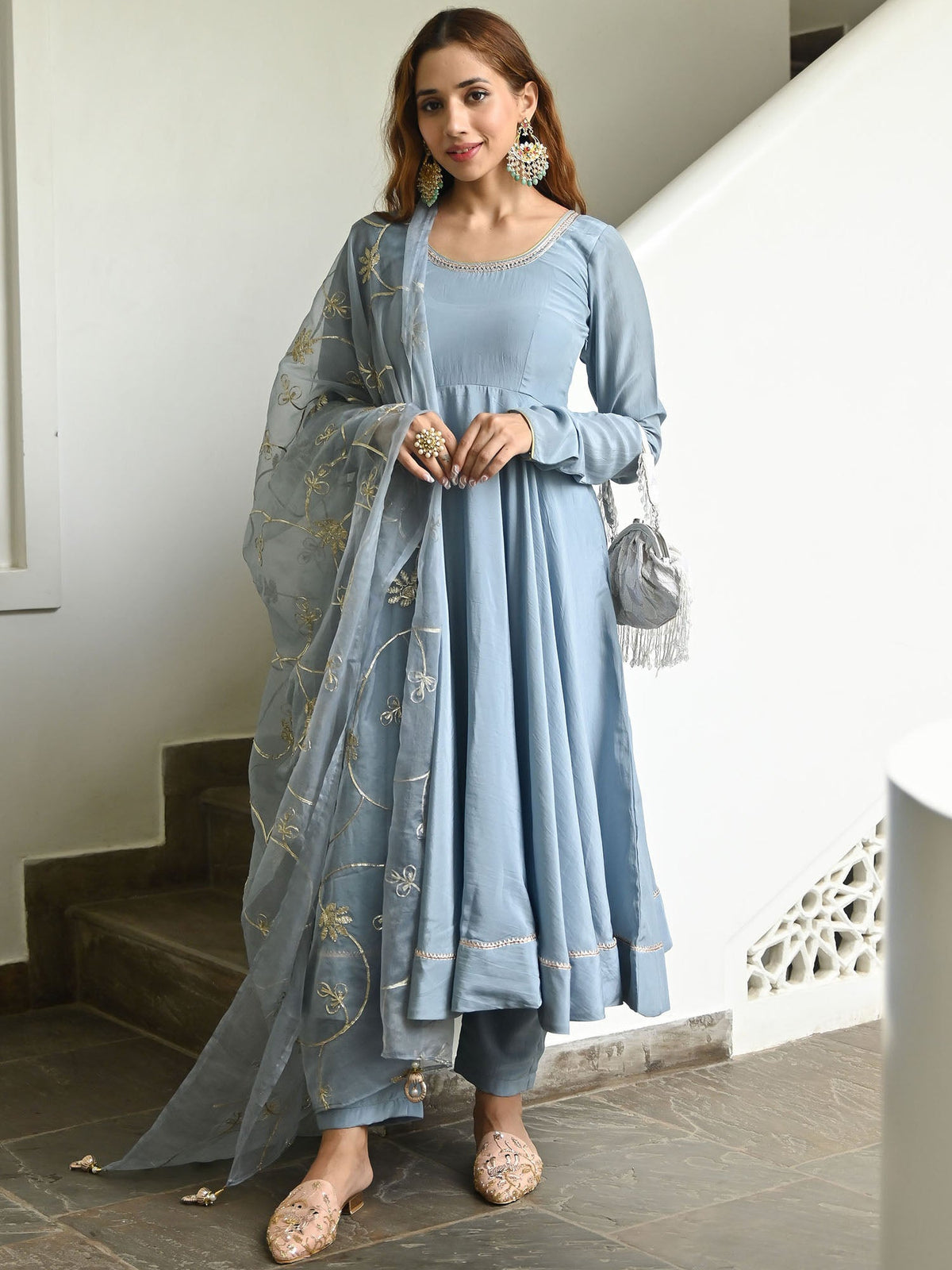 Powder Blue Solid Anarkali Set