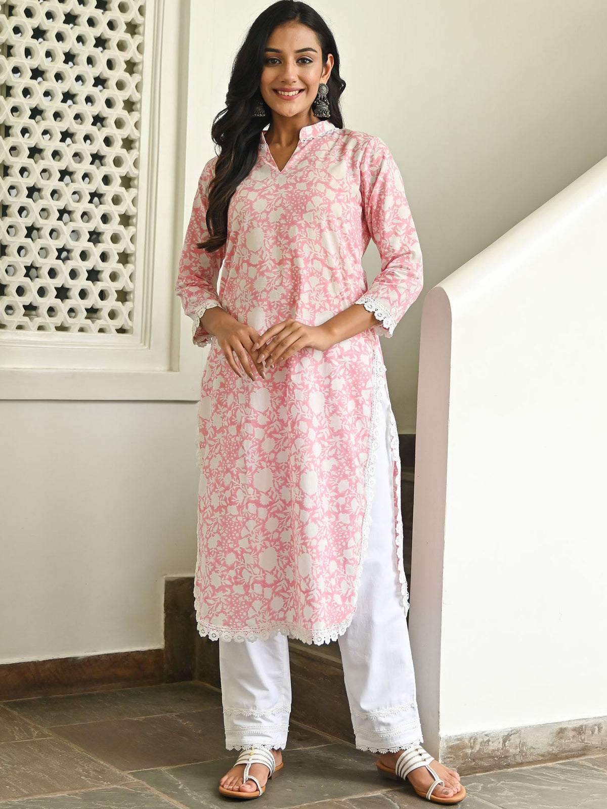 Pink Handblock Printed Kurta Set