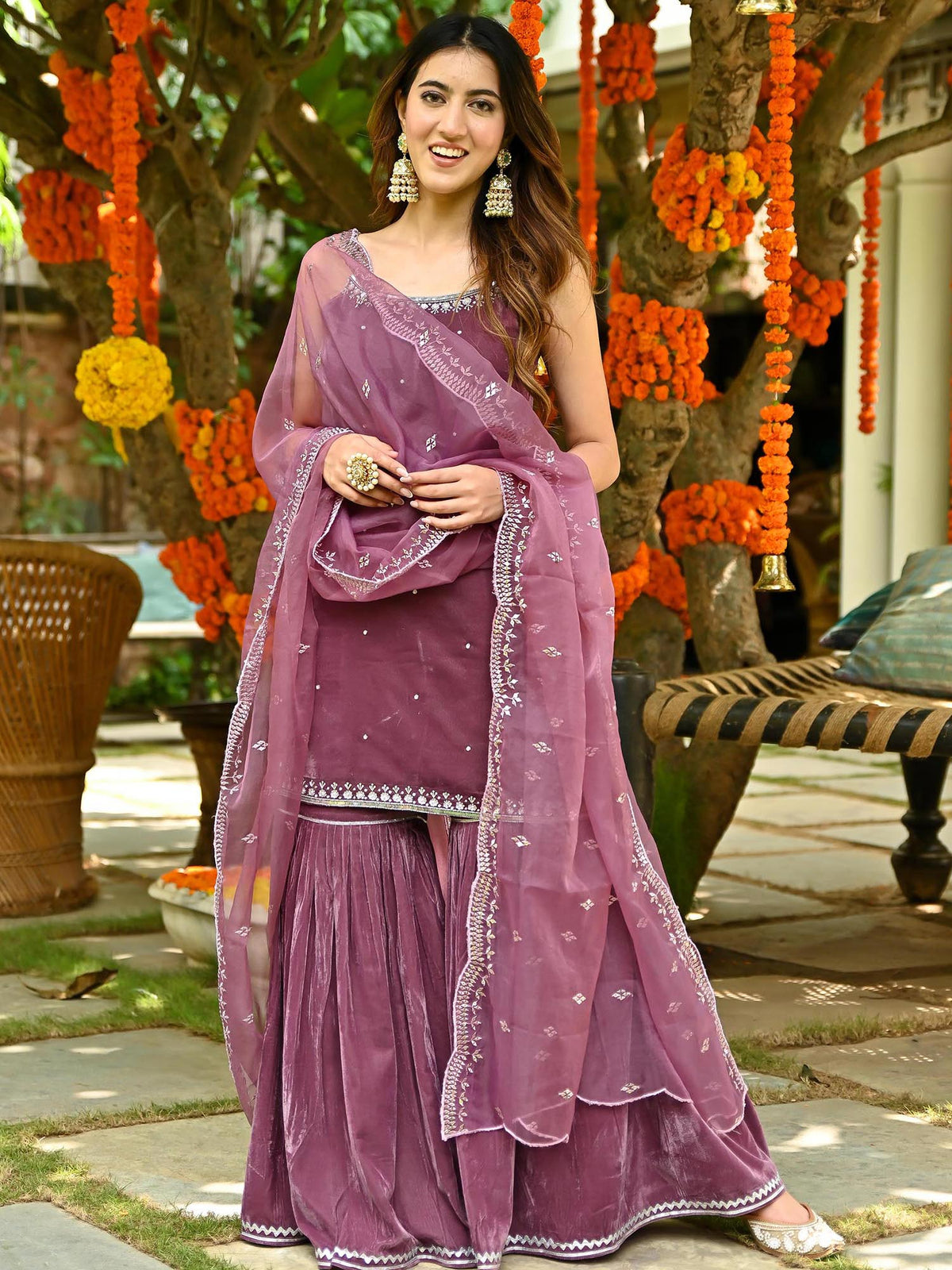 Mauve Velvet Sharara Set