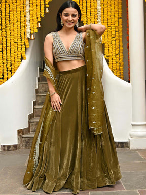 Olive Green Velvet Lehenga