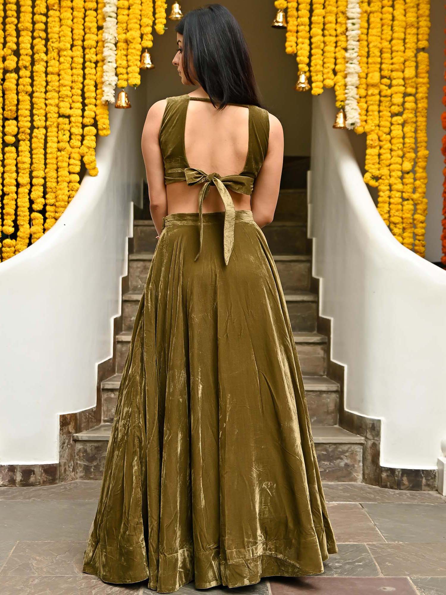 Olive Green Velvet Lehenga