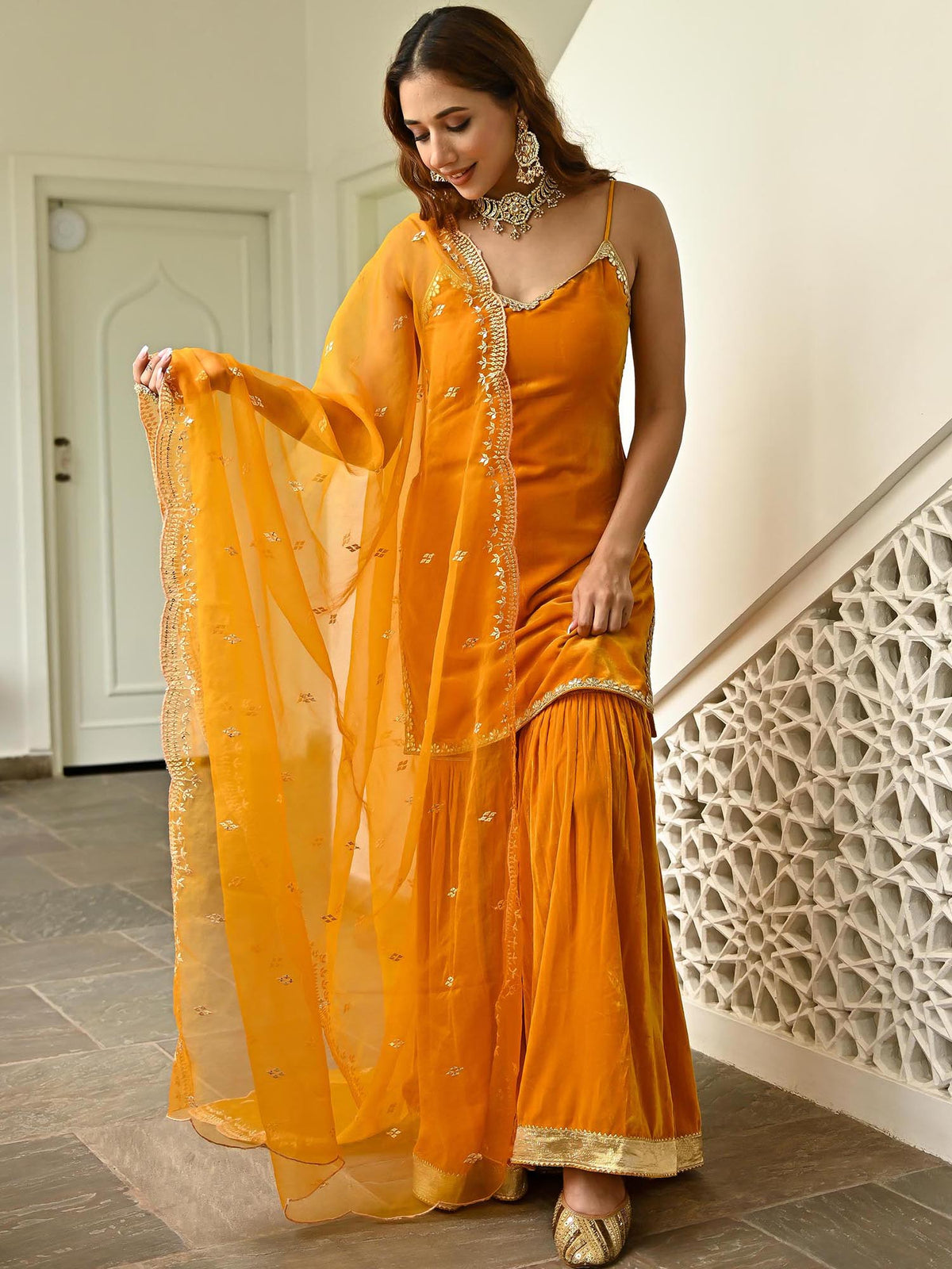 Mustard Velvet Sharara Set