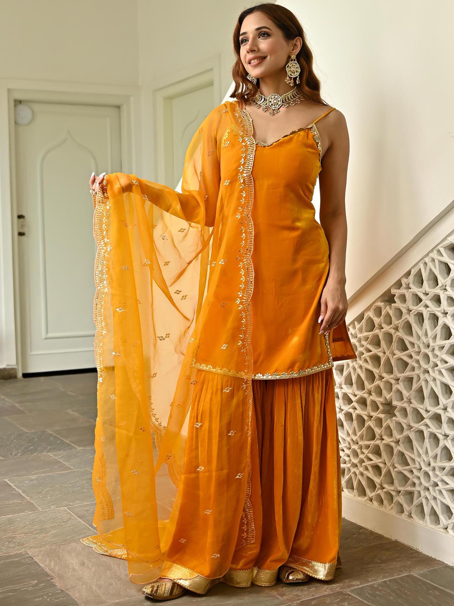 Mustard Velvet Sharara Set