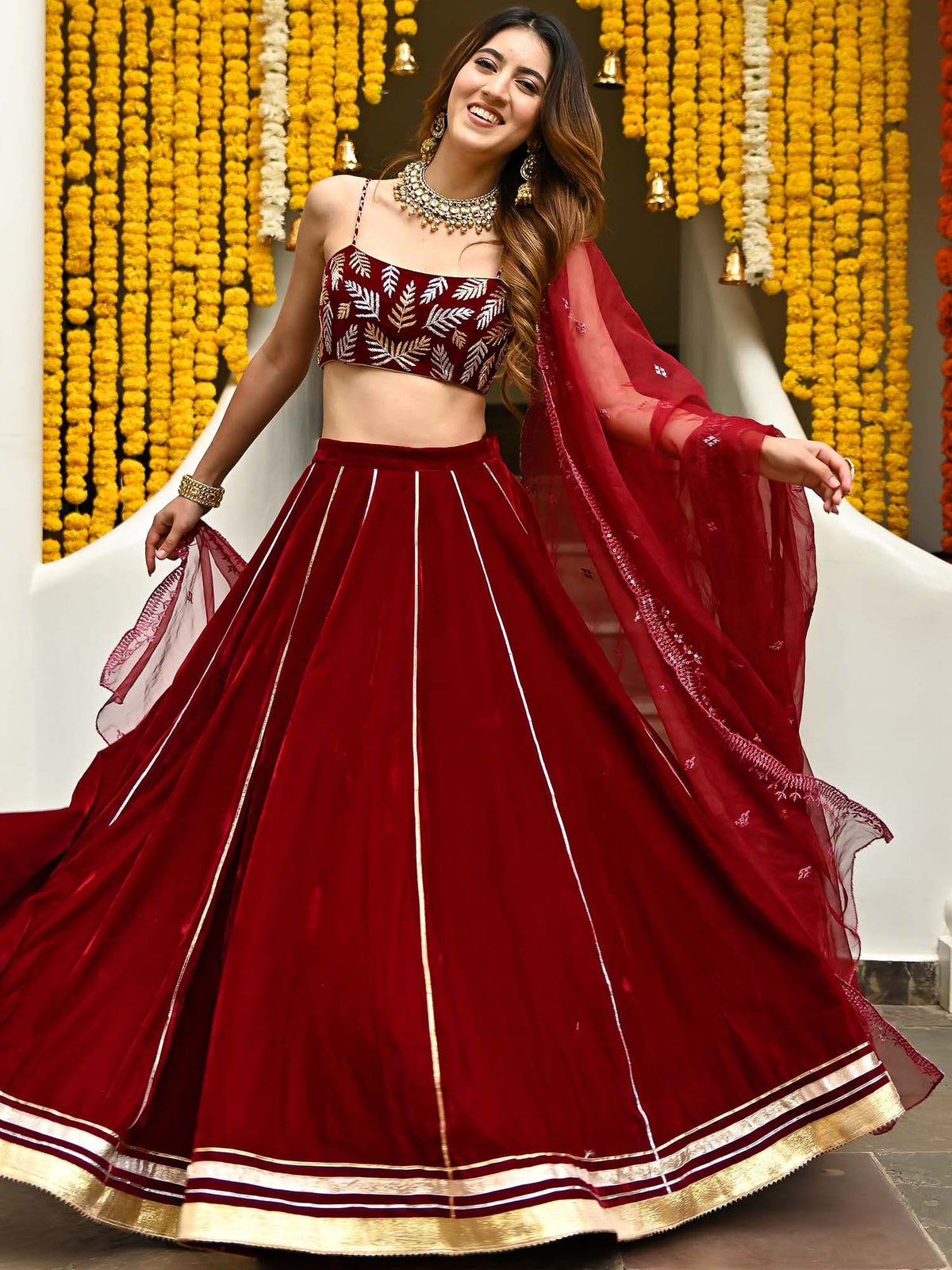 Maroon Velvet Lehenga Set