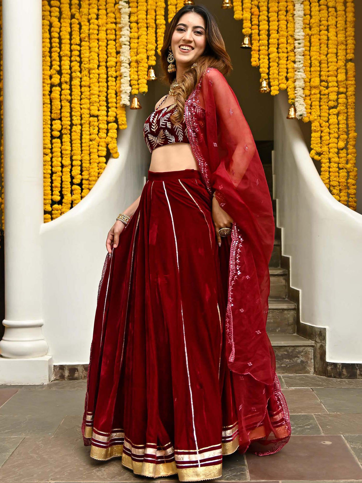 Maroon Velvet Lehenga Set