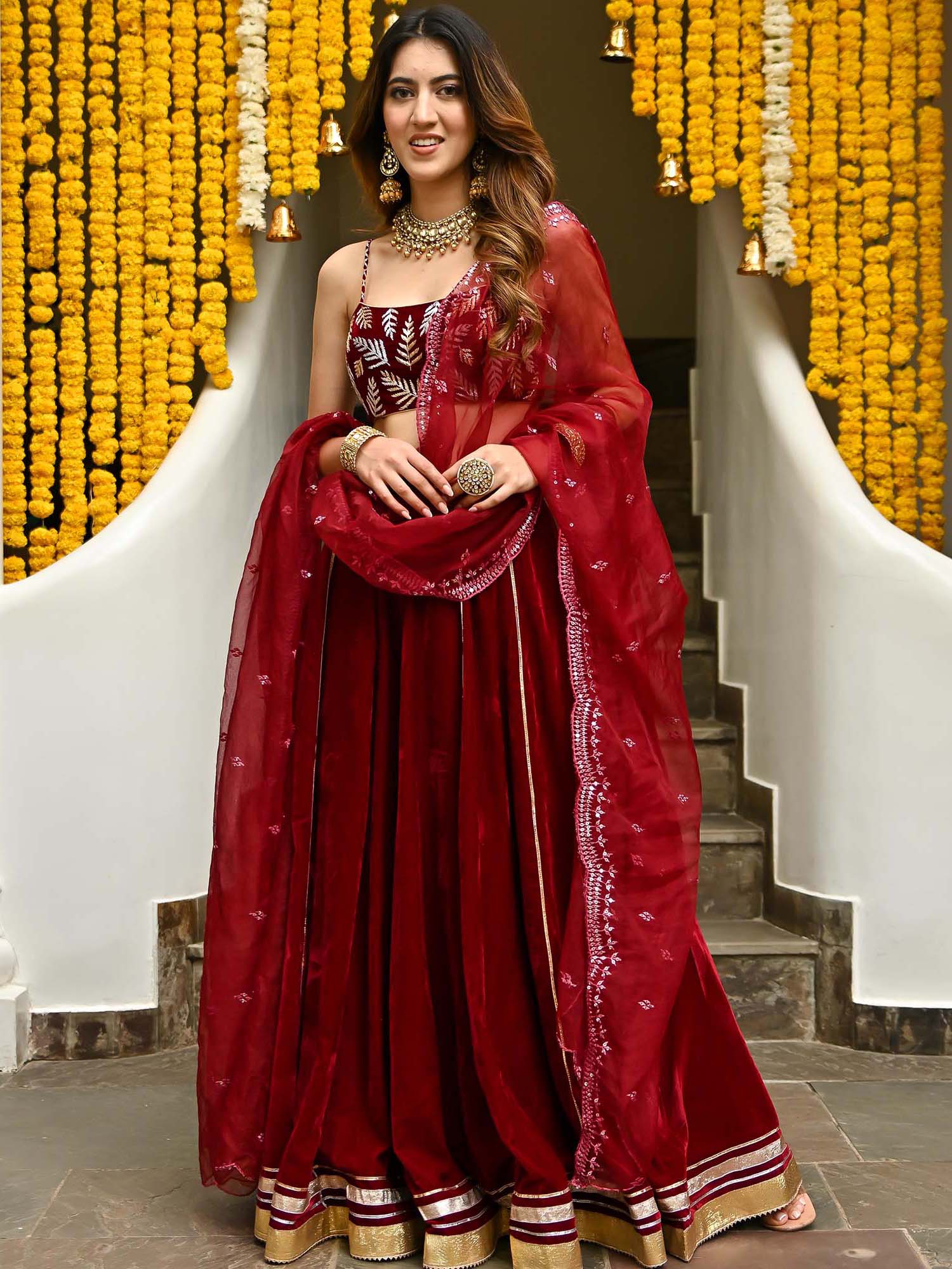 Maroon Velvet Lehenga Set